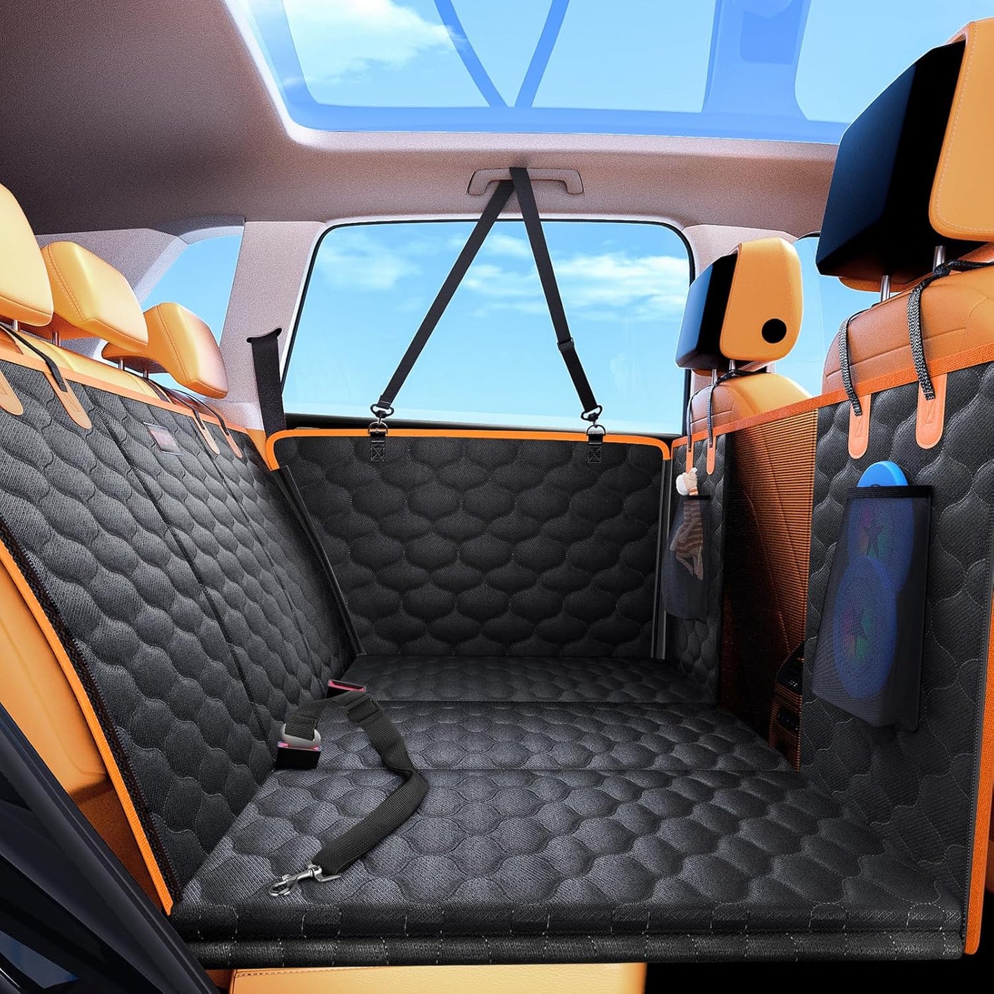 Extension de siège arrière pour chiens, housse de siège de voiture, fond rigide pour SUV, petit camion, hamac pour chien avec fenêtre en maille pour voyage (orange, pour voitures/Suv/petit camion)