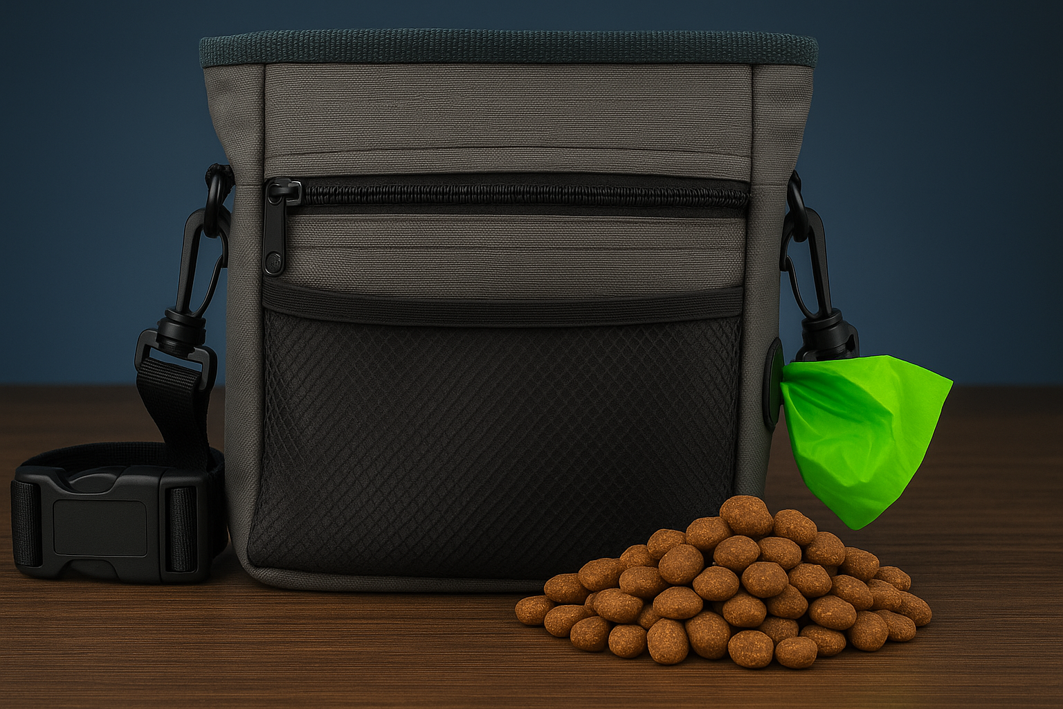 Dog Treat Pouch 2.0 | Pet Training Hands-Free Snack Bag W/Strap. Holds 2 Cups Kibble, Phone & Keys. Magnetic Clasp & Waist Belt Clip. Includes 1 Roll of Poop Bags (Green/Grey)