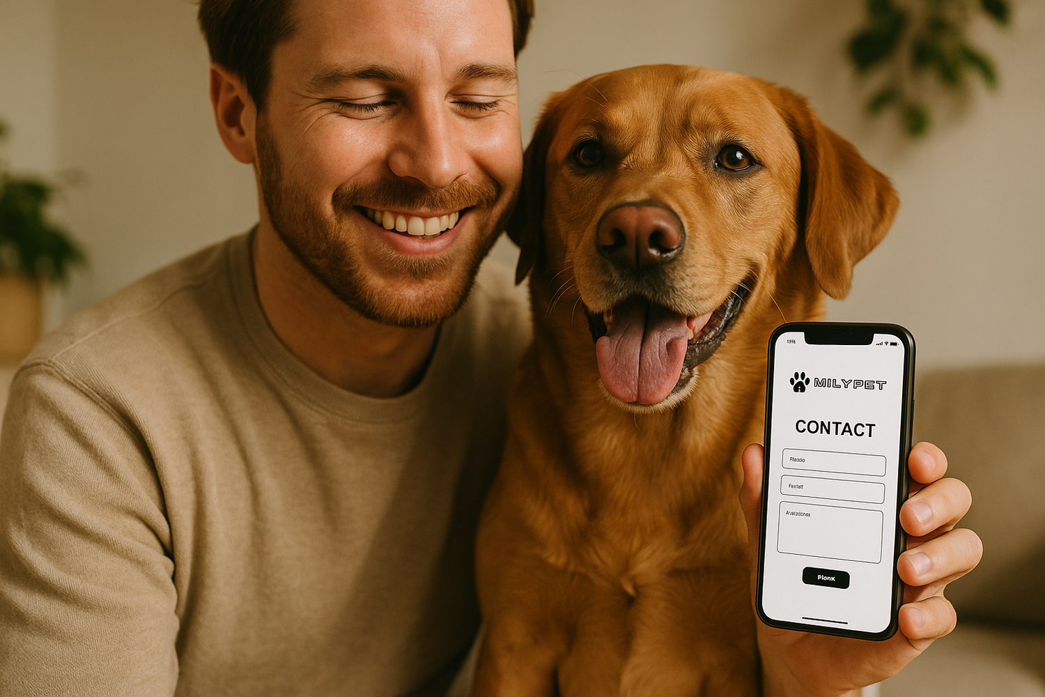 Photo d'un propriétaire de chien avec la page de contact Milypet montrant le titre Contact
